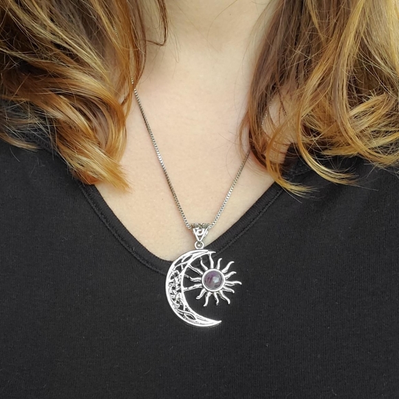 New Silver Amethyst-like / Sun Eclipse Moon Celtic Necklace - Picture 2 of 4